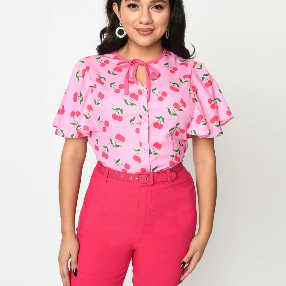 Unique Vintage 1940's Lavender & Hot Pink Cherry Cecelia Blouse